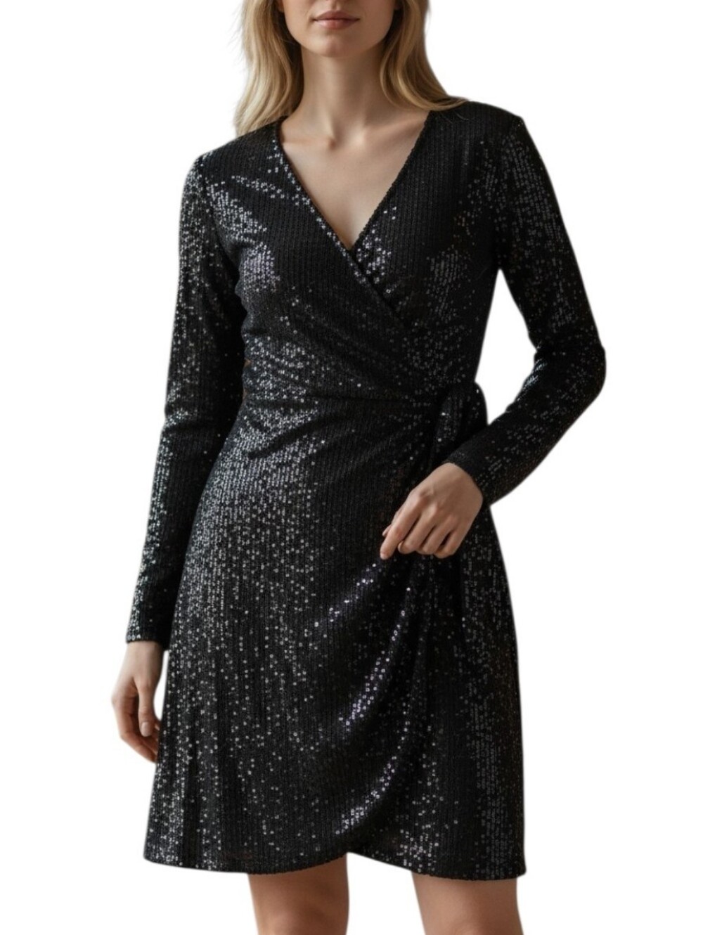 ChicMe Black Sequin Wrap Coctail Dress with Long Sleeves Size XL